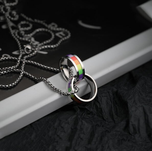 Pride Rainbow Double Ring Titanium Steel Necklace - Image 4